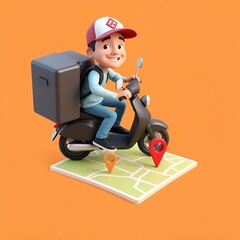 Create a vibrant 3D cartoon-style delivery man riding a bright green scooter
