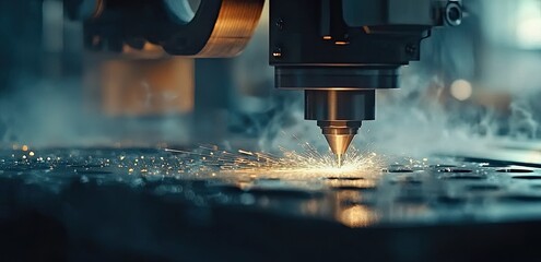 A laser-cut machine creating sparks of light, a close-up on the laser beam and the part being cut, a modern factory background with a copy space area for text. industrial and mechanical concept