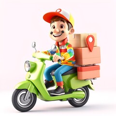 Create a vibrant 3D cartoon-style delivery man riding a bright green scooter