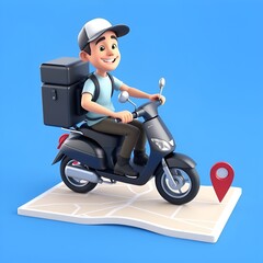 Create a vibrant 3D cartoon-style delivery man riding a bright green scooter