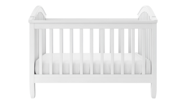 A simple white wooden crib with slats and mattress, perfect for a nursery, set against a textured background.