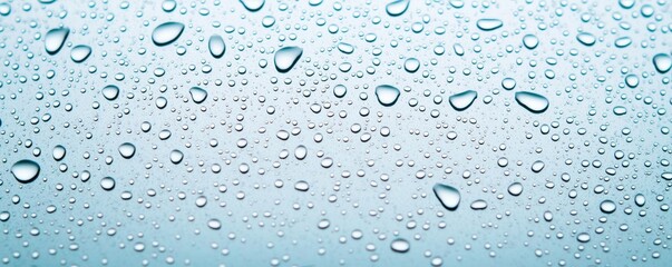 A close-up of water droplets on a smooth surface, creating a serene and calm atmosphere with a soft blue background.