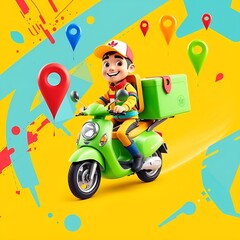 Create a vibrant 3D cartoon-style delivery man riding a bright green scooter