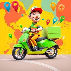 Create a vibrant 3D cartoon-style delivery man riding a bright green scooter