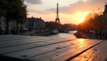 Product placement wooden table, blurred paris background with copy space product display mockup