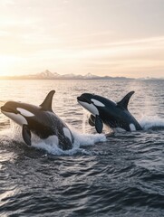 Fototapeta premium Orca Whales Jumping Out Water