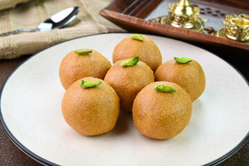 Besan Ladoo sweet dish served in a plate.