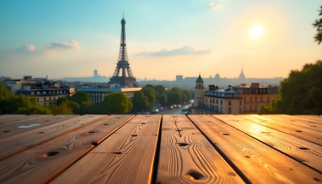 Product placement wooden table, blurred paris background with copy space product display mockup