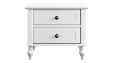 White wooden bedside table with two drawers and classic design, suitable for various bedroom styles and decor.