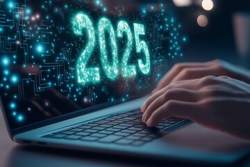 A futuristic scene of hands typing on a laptop with the glowing number 2025 on the screen, surrounded by digital particles, representing technology, data, and the future of computing