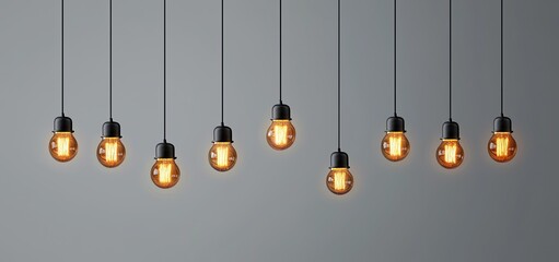 Vintage light bulbs hanging on a grey background with copy space. This creative idea represents the concept of creativity and innovation in business