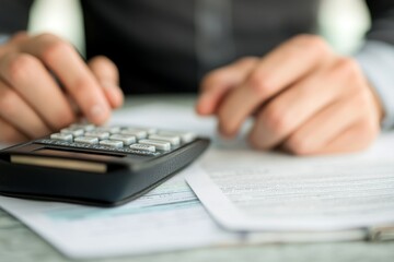 A person uses a calculator while reviewing financial documents on a table, emphasizing focus and productivity in financial tasks.