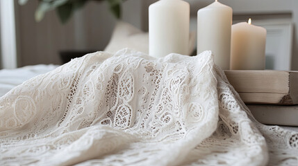 Delicate lacework with warm vintage hue creates serene atmosphere, complemented by soft candles and cozy setting. This evokes sense of tranquility and elegance