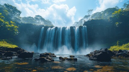 Fototapeta premium A serene waterfall surrounded by lush greenery and mist.
