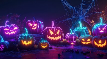 Neon pumpkins in various colors, with glowing carved faces, illuminating a dark spooky setting with neon spider webs