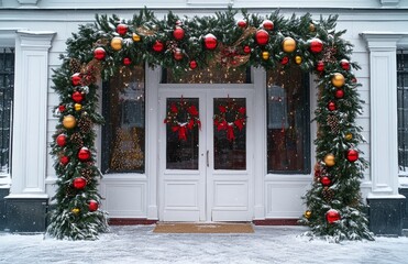 Fototapeta premium Christmas garland with red and yellow balls on festive shop roof under falling snow
