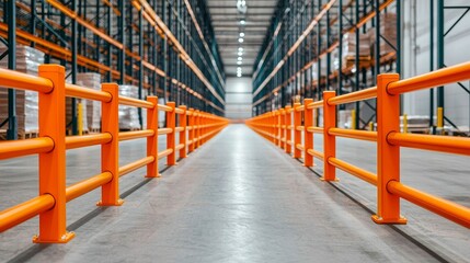 A spacious warehouse interior featuring vibrant orange railings guiding the aisle between towering storage racks.