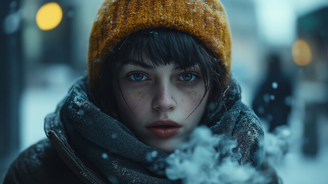 Frau Gesicht im Winter mit Schal im Gesicht und Winterm&uuml;tze vor K&auml;lte sch&uuml;tzen Generative AI