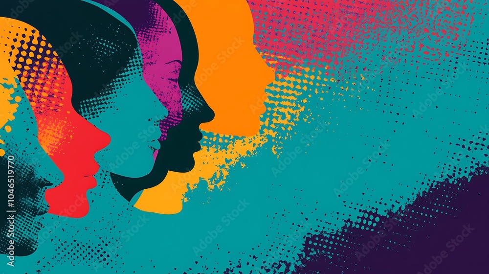 Poster abstract illustration of four profile silhouettes in vibrant colors with a halftone pattern.