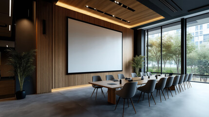 Modern conference room with a long table and chairs, large screen, and plants near tall windows with a view of trees outside. Interior features wooden panels and contemporary lighting.