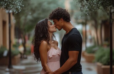 Fototapeta premium Engaged Couple Kissing in City Park, Embracing Love and Joy