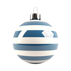 Obraz premium Christmas ornament with blue and white stripes, showcasing a shiny surface and a festive design isolated on white background, perfect for holiday decorations.