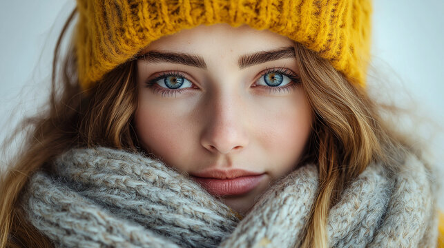 Frau Gesicht im Winter mit Schal im Gesicht und Winterm&uuml;tze vor K&auml;lte sch&uuml;tzen Generative AI