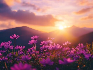 Fototapeta premium Sunset over purple flowers
