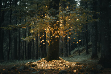 Obraz premium A mystical money tree glows enchantingly among the trees in a serene forest setting at twilight