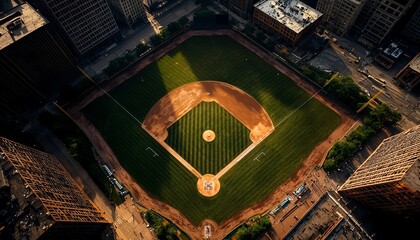 Aerial view of a baseball field surrounded by urban buildings, showcasing vibrant green grass and the distinct baseball diamond layout. Perfect for sports-related themes.