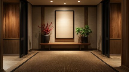 A tranquil entrance hall featuring modern decor, wooden accents, potted plants, and a blank canvas ready for art in a serene ambiance.