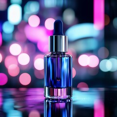 A beautiful blue dropper bottle with a sleek silver cap, set against a blurred background of colorful lights, ideal for beauty or skincare product marketing.
