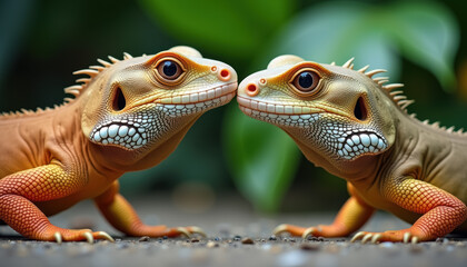 Fototapeta premium Two kissing iguanas in a close-up shot