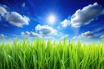 Fototapeta premium Sunny day with vibrant green grass under a bright blue sky