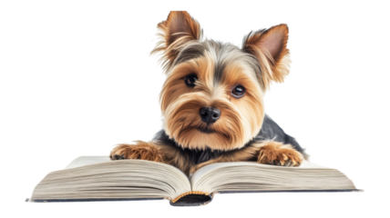 A Yorkshire Terrier curiously rests on an open book, showcasing its playful demeanor and captivating gaze in a cozy indoor setting.