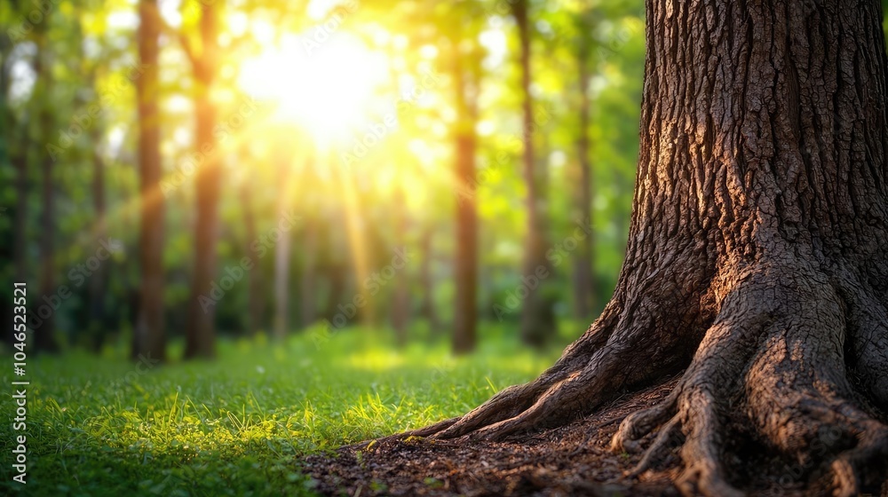 Aufkleber sunlight filters through forest trees, illuminating the textured trunk and vibrant greenery.