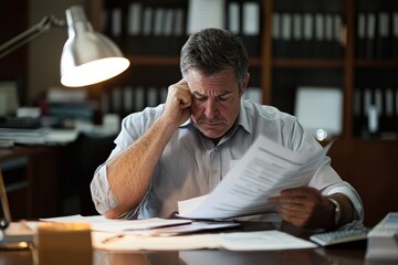 Stressed Business Owner Reviewing Overdue Payments in Dimly Lit Empty Office Amid Financial Decline