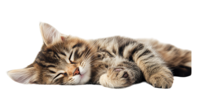 Adorable tabby cat peacefully sleeping on a soft surface during the afternoon in a cozy indoor environment.