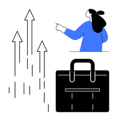 Woman pointing towards upward arrows next to a briefcase. Ideal for business growth, career development, success, strategy planning, and professional advancement. Modern minimalist style
