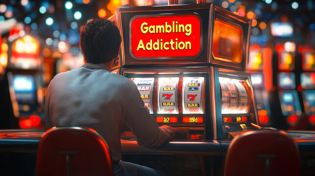 Problem Gambler at Slot Machine Depicting Gambling Addiction and Seeking Help