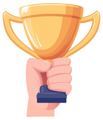 A hand raises a golden trophy in celebration, symbolizing victory and achievement during a competition or award ceremony isolated on transparent background.