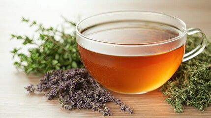 Fototapeta premium Herbal tea in a clear cup surrounded by fresh herbs, creating a calming and natural atmosphere.