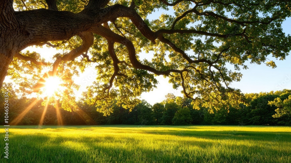 Poster Sunlight filtering through leaves of a majestic tree in a lush green field.