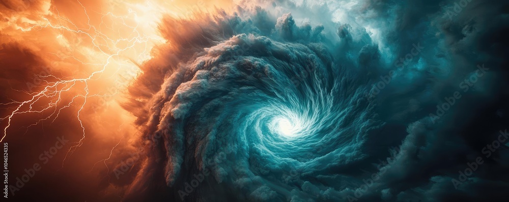 Poster a swirling vortex of dark clouds illuminated by lightning and vibrant colors.