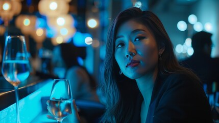 Suave Asian woman attending a VIP dinner with influential leaders