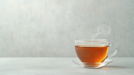 Fototapeta premium A steaming cup of tea sits on a sleek surface, exuding warmth and tranquility, perfect for moments of relaxation or contemplation.