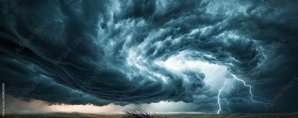 Poster Dramatic storm clouds with swirling patterns and lightning striking in the background.