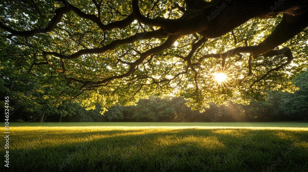 Poster sunlight filtering through green tree branches on a peaceful grassy field.
