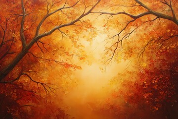 Serene Autumn Landscape with Golden Leaves and Soft Sunlight Filtering Through Trees