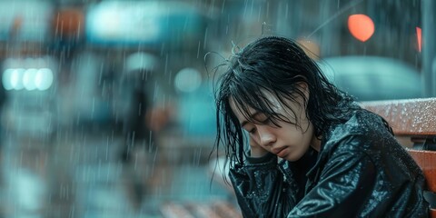 A young woman with wet hair and clothes sits on a bench in the rain at night